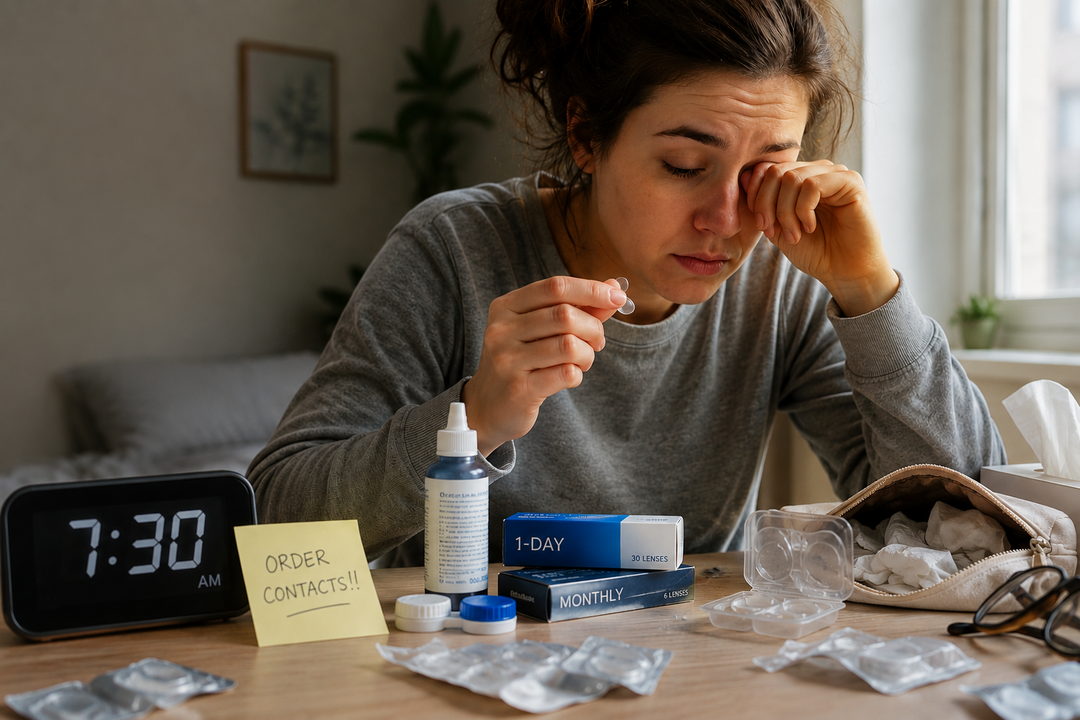 Tired woman with contact lens supplies on table